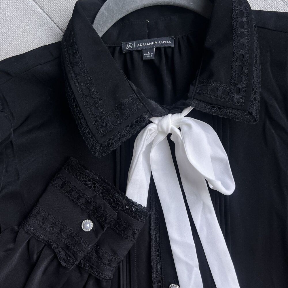 Adrianna Papell Black Lace Tie Neck Blouse - Pintuck Pearl Button Top - Large - Picture 3 of 3